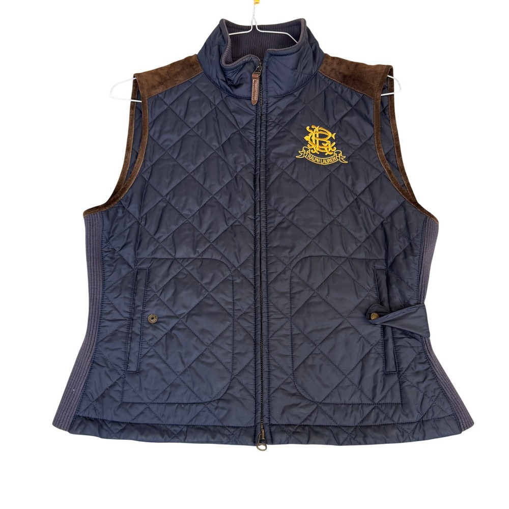 Ralph Lauren Sport Navy Quilted Vest Suede Trim Equestrian Crest XL